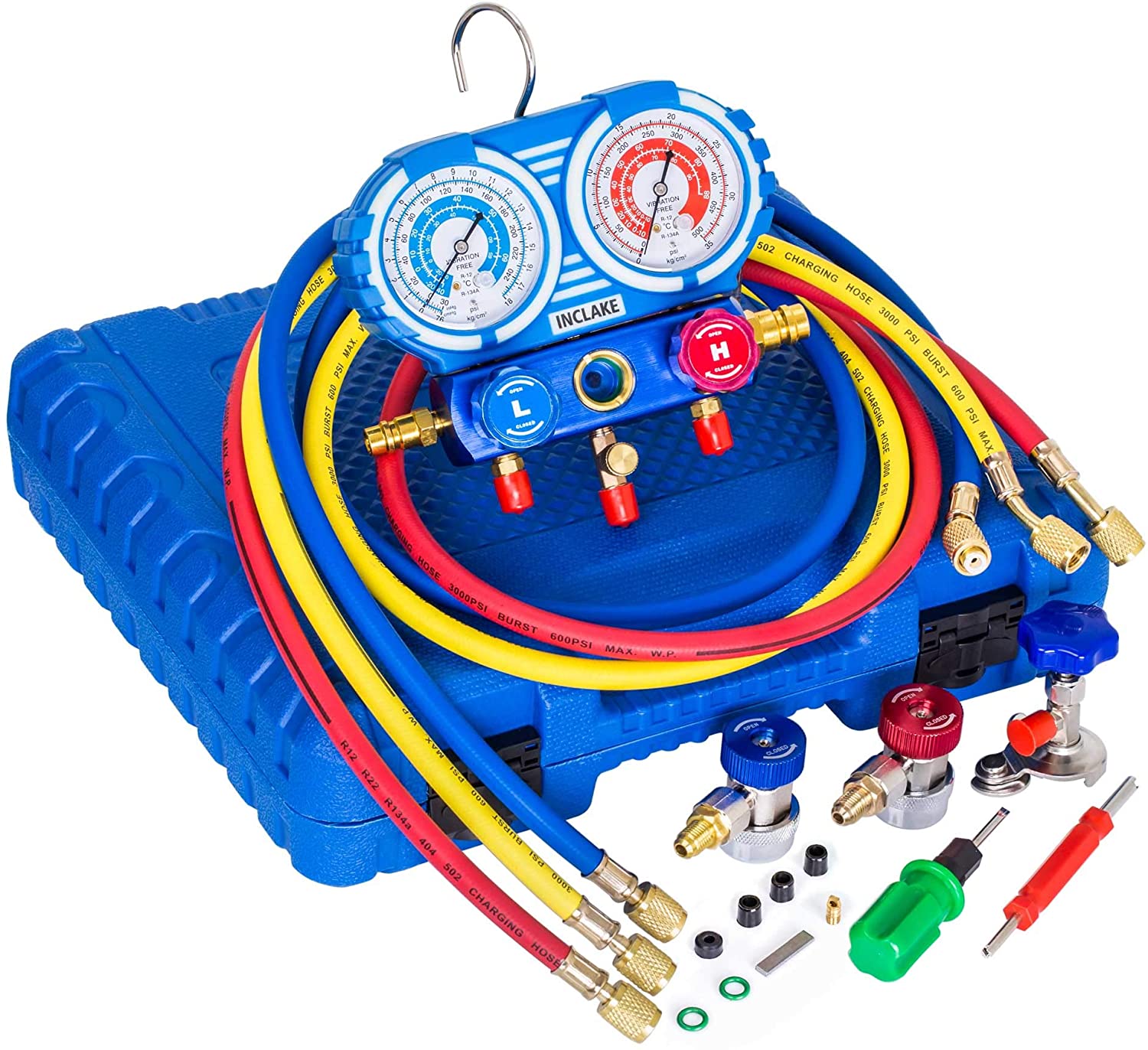 Manifold Gauge Set for R134A, R12 Refrigerant, Brass Auto Service Set with 5 ft Hoses, 1/4