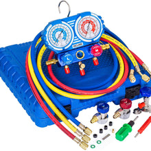Manifold Gauge Set for R134A, R12 Refrigerant, Brass Auto Service Set with 5 ft Hoses, 1/4" Fittings, Quick Connector Couplers and Can Tap, for Car Use, Updated
