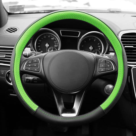 FH Group FH2009 Geometric Chic Genuine Leather Steering Wheel Cover (Green) – Universal Fit for Cars Trucks & SUVs