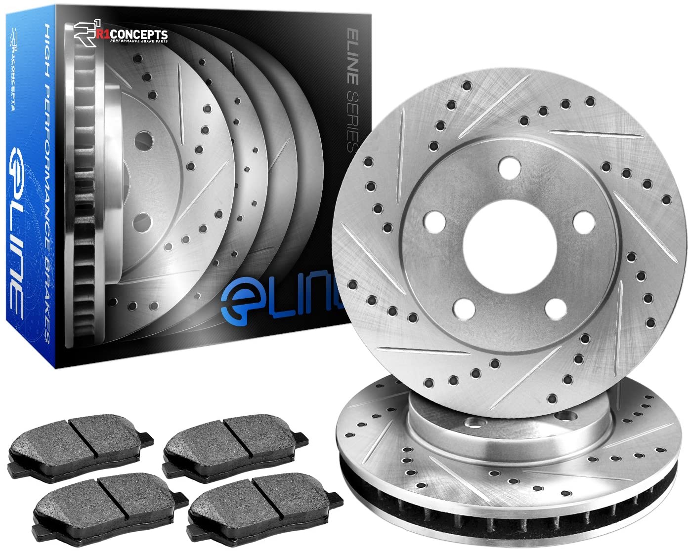 R1 Concepts KEDS10389 Eline Series Cross-Drilled Slotted Rotors And Ceramic Pads Kit - Front