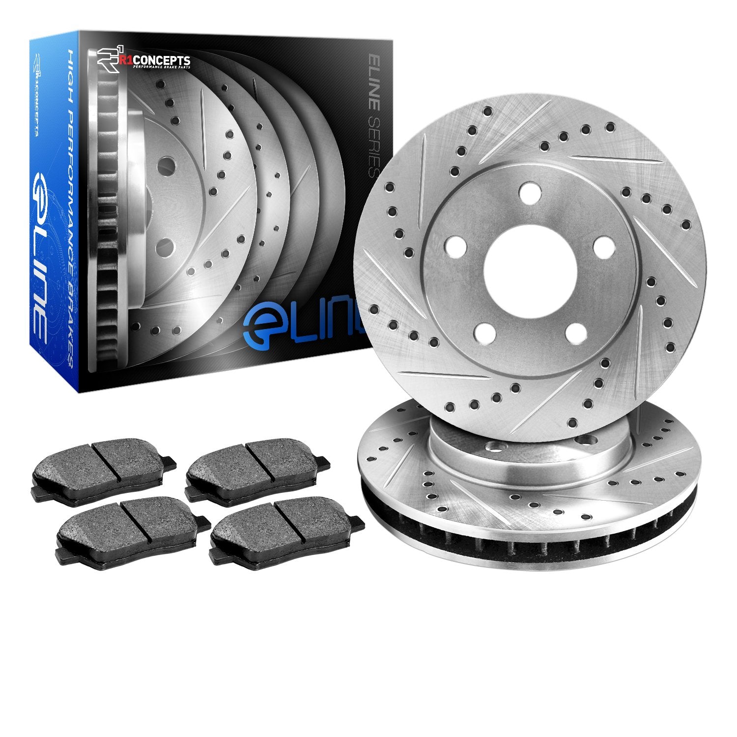 R1 Concepts KEDS12127 Eline Series Cross-Drilled Slotted Rotors And Ceramic Pads Kit - Front