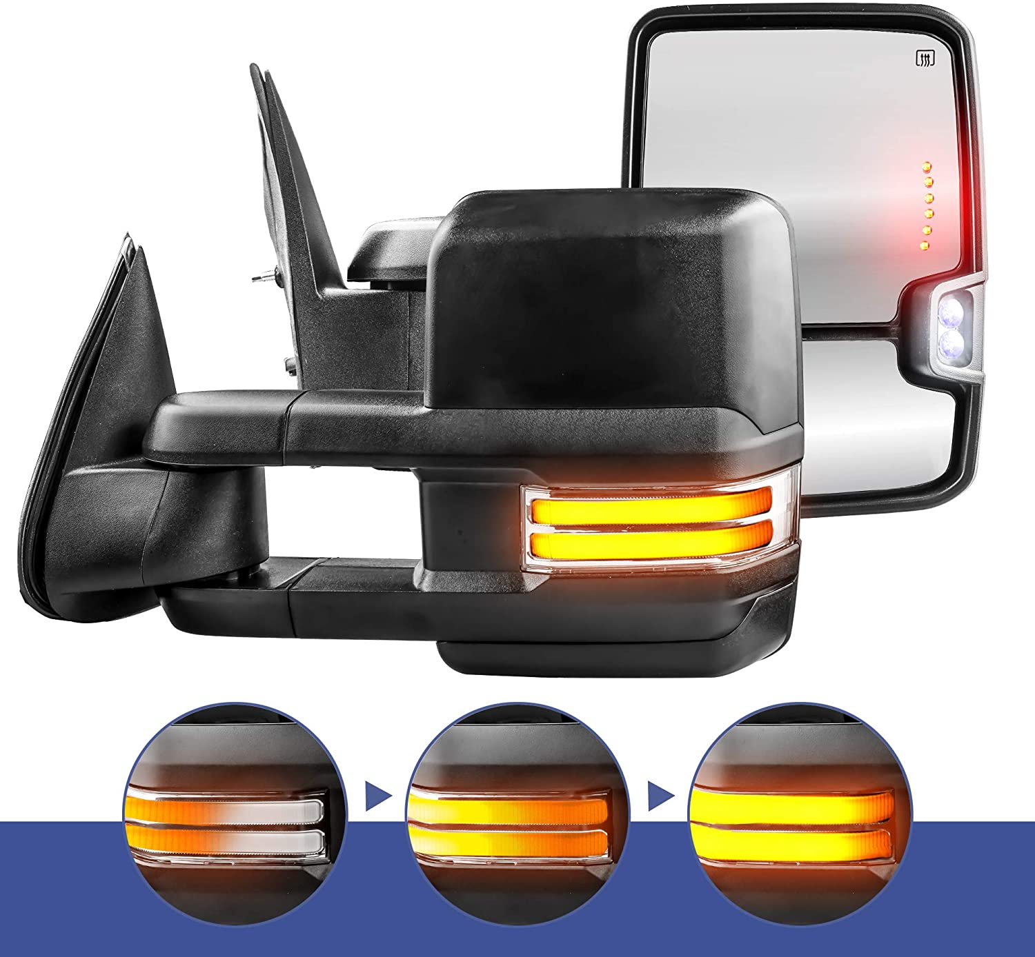 MOSTPLUS Power Heated Towing Mirrors Compatible for Chevy Silverado Suburban Tahoe GMC Serria Yukon 1999-2002 w/Sequential Turn light, Parking Lamp, Running Light (Set of 2) (Black) (Black)