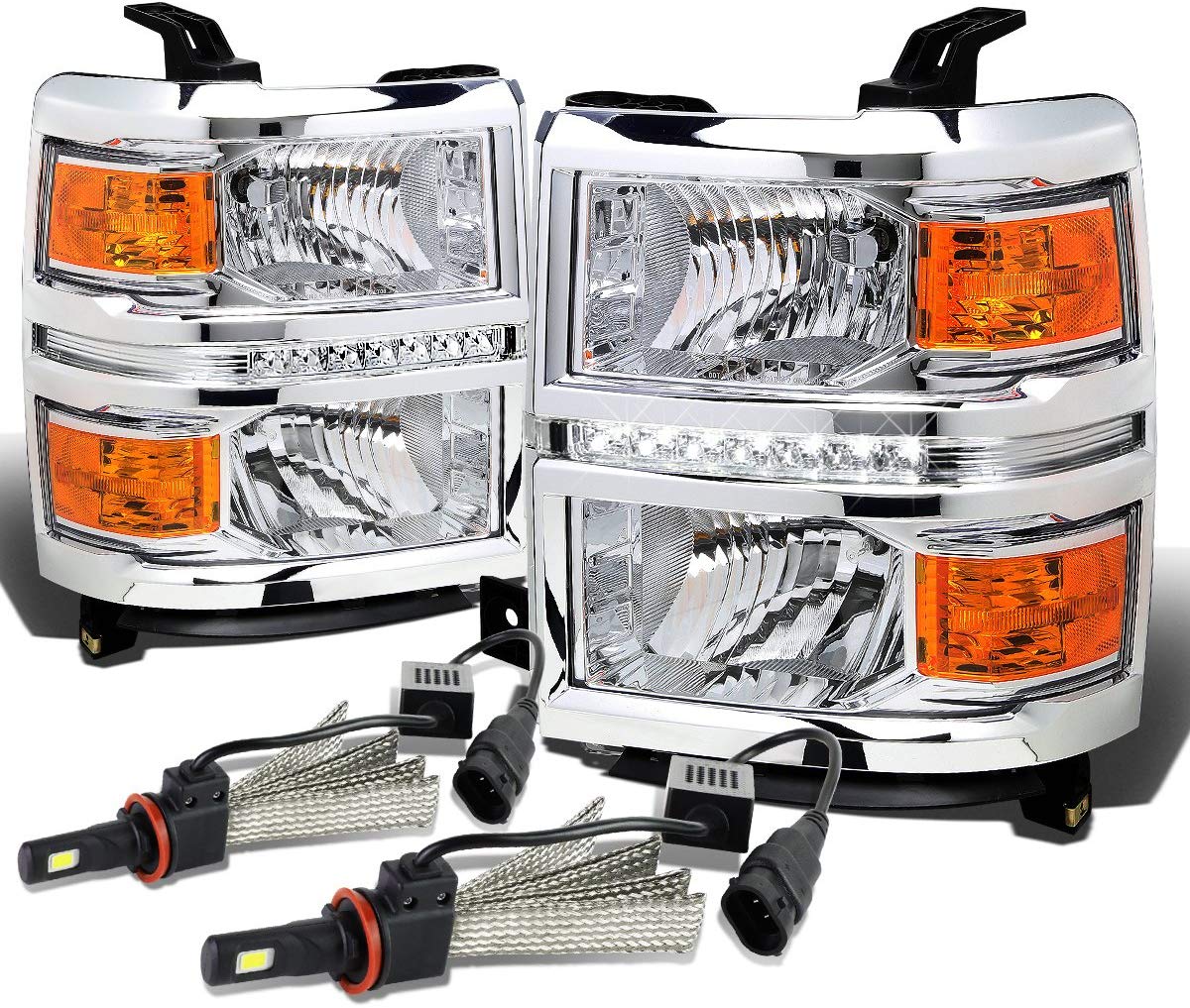 For Chevy Silverado Pair of GMT K2XX Chrome Housing LED Headlight W/Amber Signal + H8 LED Conversion Kit