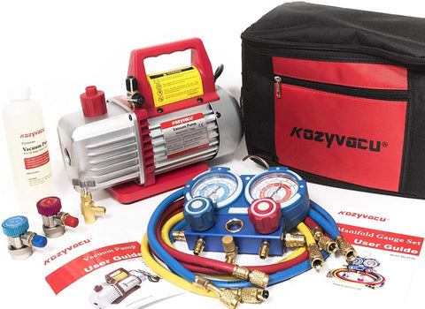 Kozyvacu AUTO AC Repair Complete Tool Kit with 1-Stage 3.5 CFM Vacuum Pump, Manifold Gauge Set, Hoses and its Acccessories