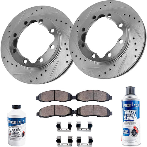 Detroit Axle - Drilled & Slotted FRONT Brake Kit Rotors & Brake Kit Pads w/Clips Hardware Kit for 4WD 94-96 Ram 2500 w/4500 - [98-99 Ram 2500 4x4] - 94-99 Ram 3500 Solid Axle