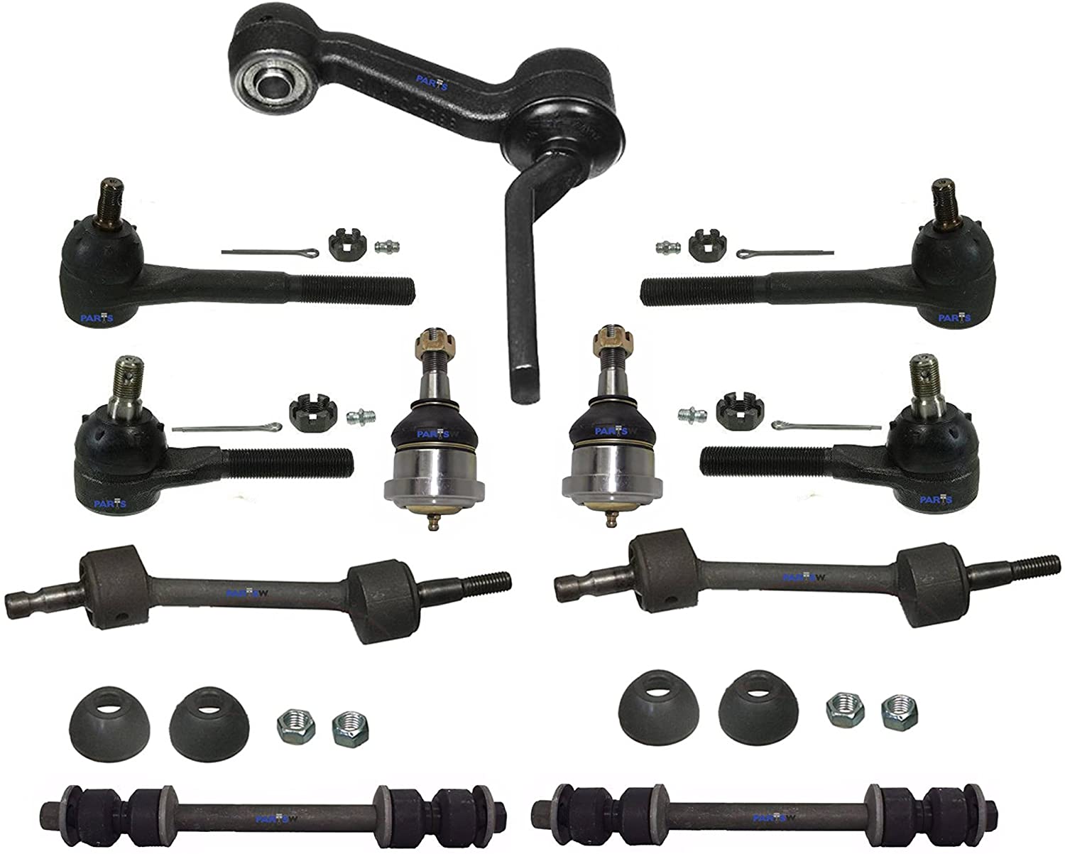 PartsW 11 Pc Front & Rear Suspension Kit for Ford Crown Victoria Lincoln Town Car Mercury Grand Marquis Inner & Outer Tie Rod Ends, Lower Ball Joints, Idler Arm, Sway Bar End Links
