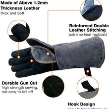 WZQH 16 Inches,932℉,Leather Forge Welding Gloves, with Kevlar Stitching Heat/Fire Resistant,Mitts for BBQ,Oven,Grill,Fireplace,Tig,Mig,Baking,Furnace,Stove,Pot Holder,Animal Handling Glove.Black-gray