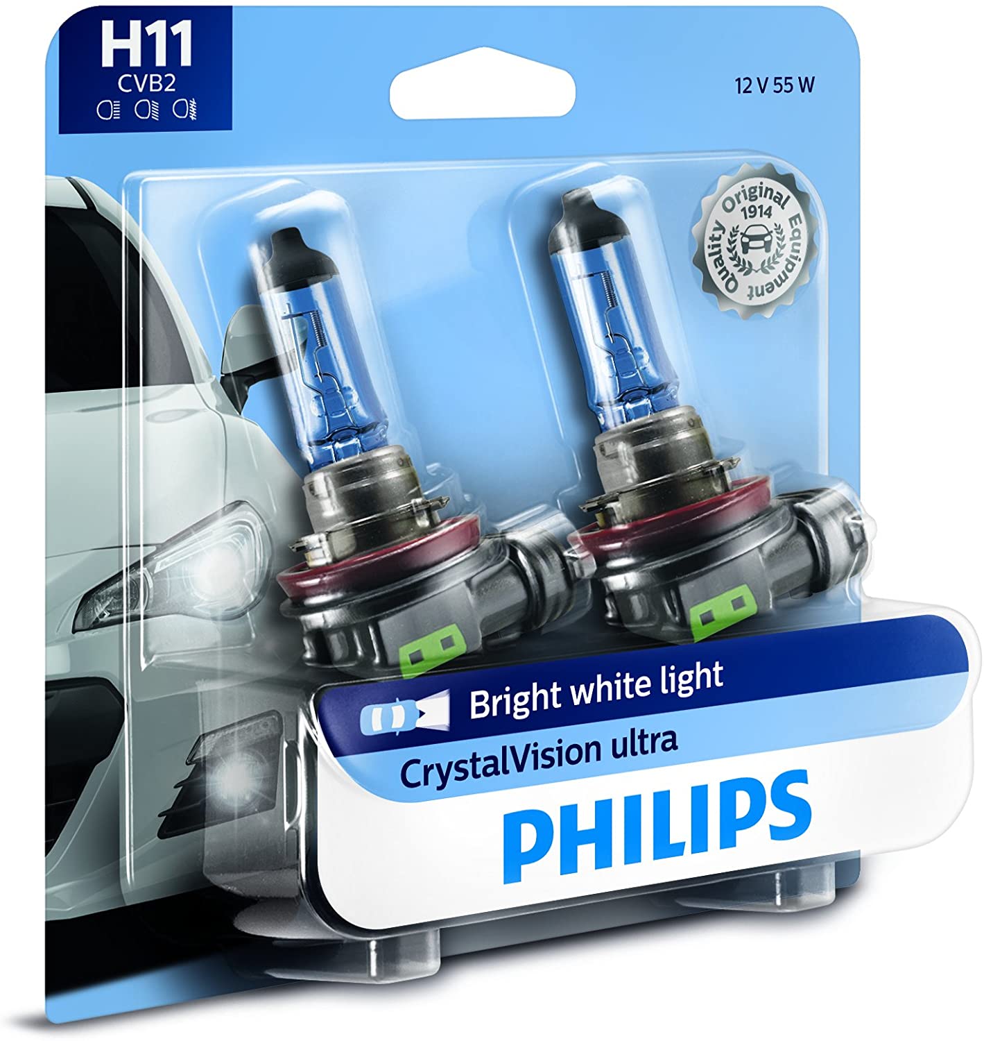 Philips H11 Vision Upgrade Headlight Bulb with up to 30% More Vision, 2 Pack,12362PRB2