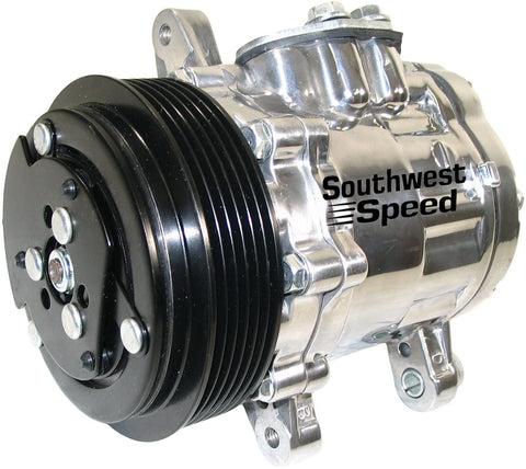 NEW SOUTHWEST SPEED POLISHED SANDEN SD-7B10 VINTAGE AIR CONDITIONER COMPRESSOR WITH 6 GROOVE SERPENTINE PULLEY, R-134A REFRIGERANT, PAG 100 OIL, SWING MOUNT, 12 VOLT