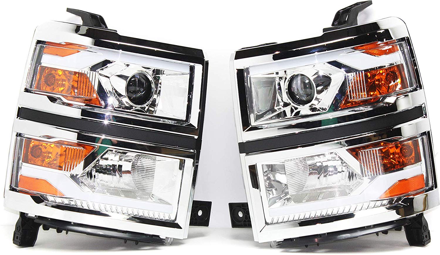 Headlight Assembly Compatible with 2014-2015 Chevrolet Silverado 1500 Halogen Clear Lens Chrome Interior With bulb(s) Pair Driver and Passenger Side