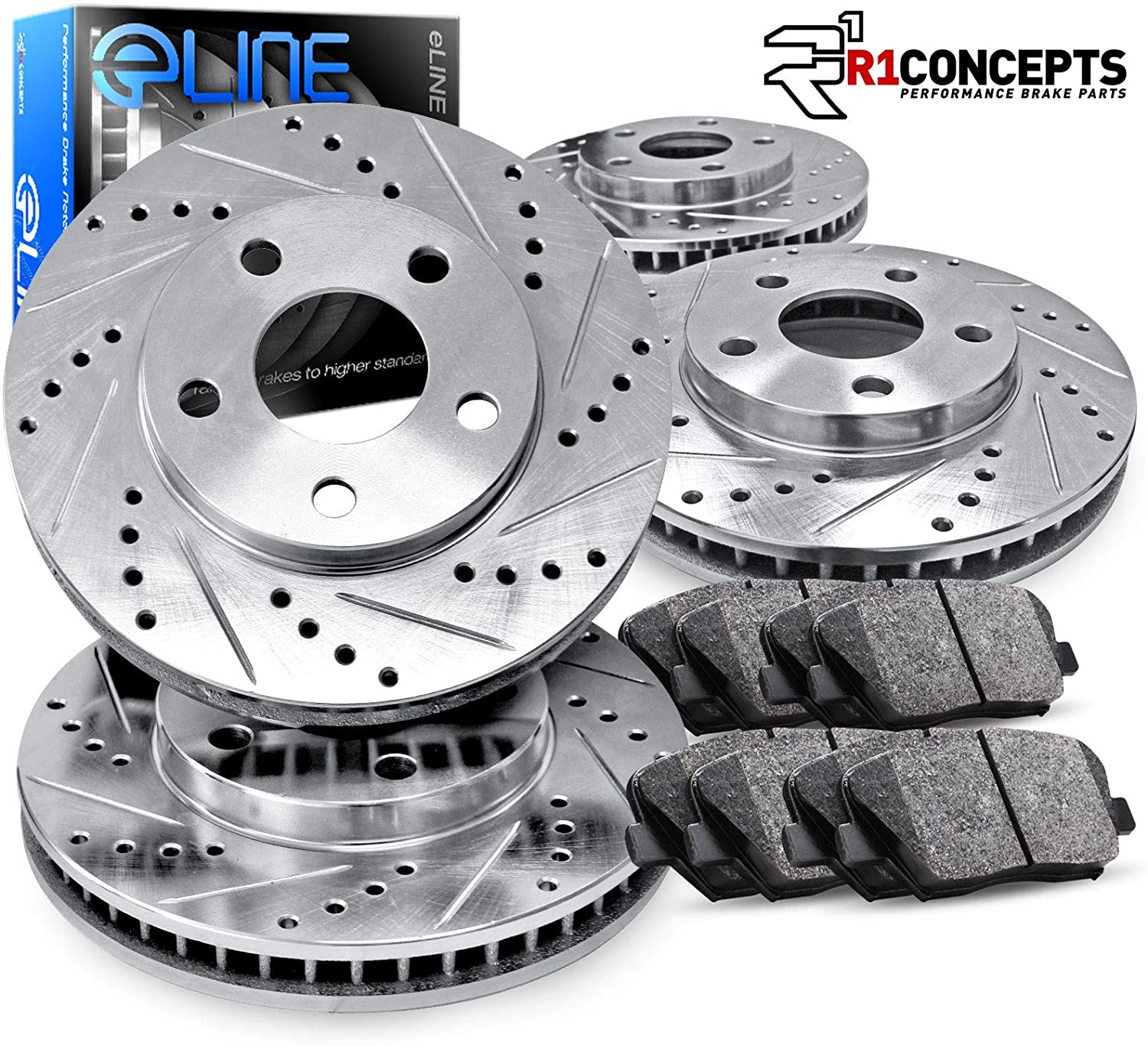 Eline Drilled Slotted Brake Rotors + Ceramic Pads Kit 2008-2010 Chrysler Town & Country