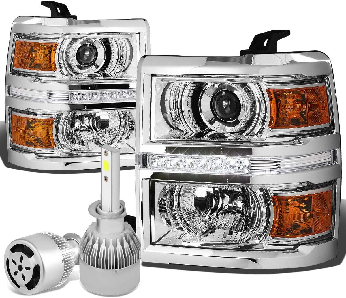 For Chevy Silverado GMT K2XX Chrome Housing Projector LED Headlight W/Amber Signal + H1 LED Conversion Kit W/Fan