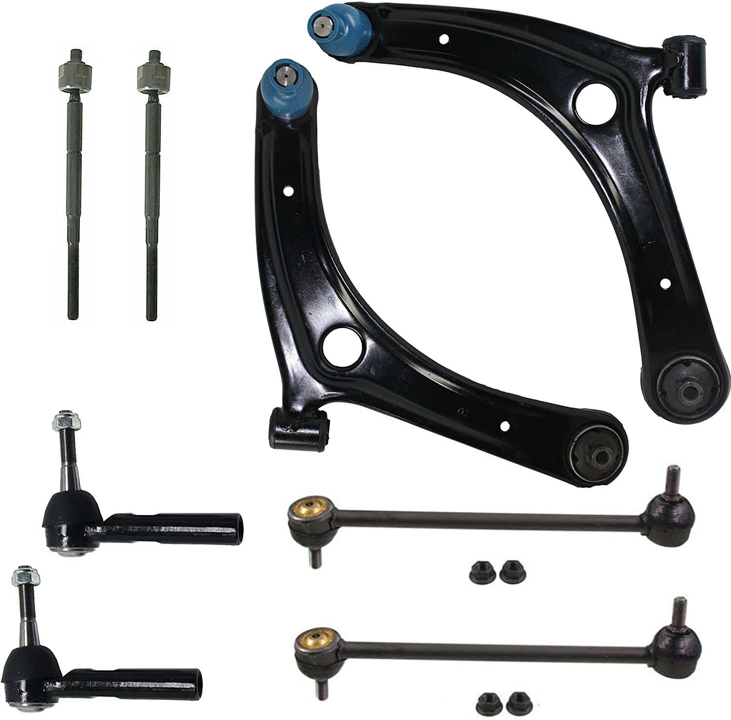 8 Pc Front Suspension Kit for 2009-2012 Dodge Caliber, [2007-2016 Jeep Compass], 2007-2016 Jeep Patriot - Lower Control Arms, Ball Joints, Front Sway Bar Links, Outer Tie Rods, Inner Tie Rods,