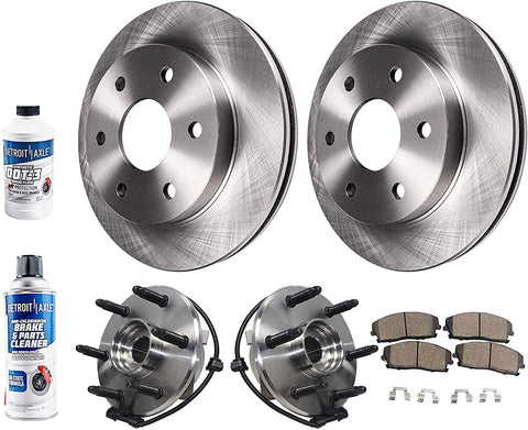 Detroit Axle - 8PC Front Wheel Hub and Bearing Assembly, 305mm Front Disc Brake Kit Rotors w/Ceramic Pads w Cleaner and Fluid for 4x4 6 Lug Models ONLY - Chevy GMC Silverado Sierra Avalanche 1500