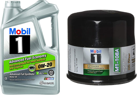 Mobil 1 Advanced Fuel Economy Full Synthetic Motor Oil 0W-20, 5-Quart bundle with Mobil 1 M1-108A Extended Performance Oil Filter