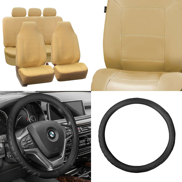 FH GROUP FH-PU103115 High Back Royal PU Leather Beige/Black Seat Covers (Airbag compatible & Split) W. FH2006 Microfiber Embossed Leather Black Steering Wheel Cover-Fit Most Car, Truck, Suv, or Van