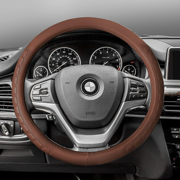 FH Group FH2006 Microfiber Embossed Leather Steering Wheel Cover (Brown) – Universal Fit for Cars Trucks & SUVs