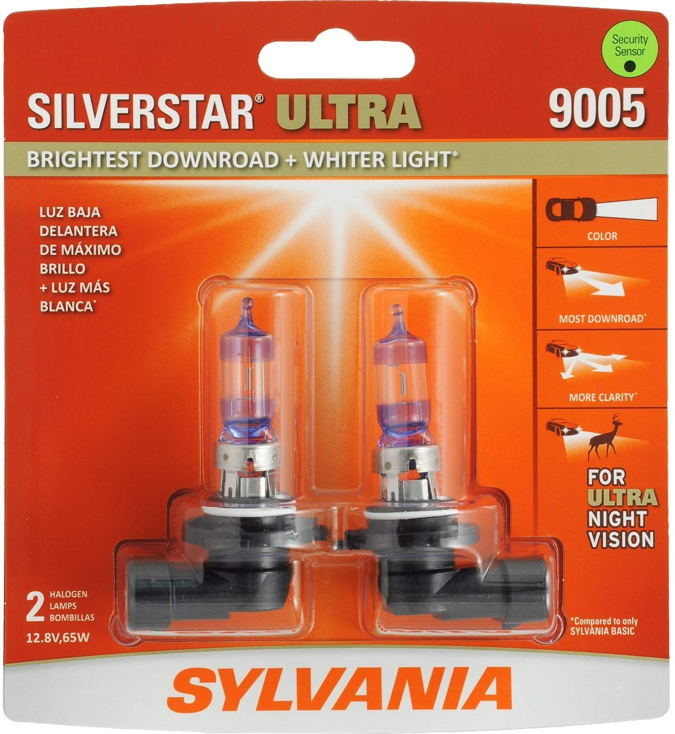 SYLVANIA - 9005 SilverStar Ultra - High Performance Halogen Headlight Bulb, High Beam, Low Beam and Fog Replacement Bulb, Brightest Downroad with Whiter Light, Tri-Band Technology (Contains 2 Bulbs)