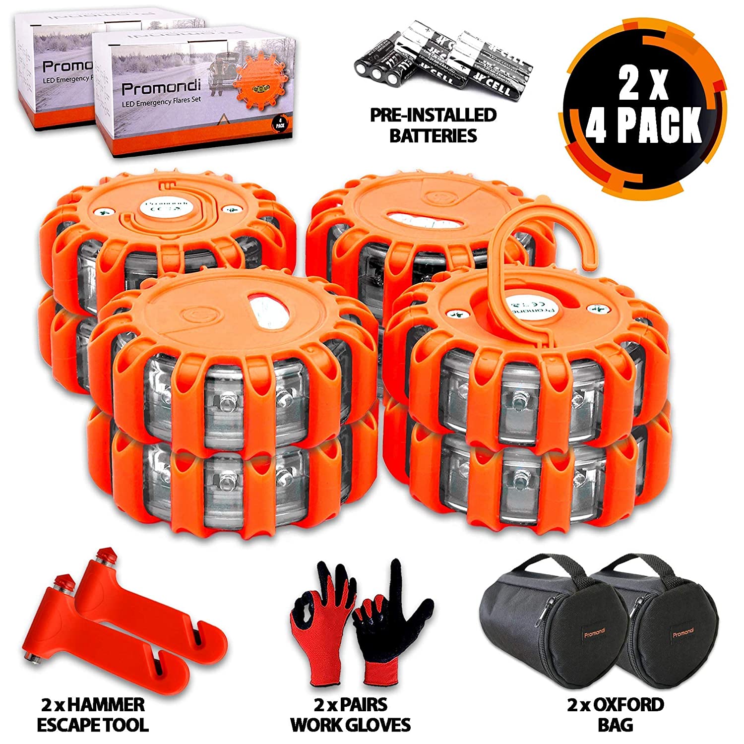 LED Road Flares Emergency Lights - Roadside Warning Car Safety Flare Kit for Vehicles & Marine Boat | Rescue Beacon Disc Pack with Discs & Window Hammer Seatbelt Cutter & Gloves & Bag by Promondi (8)