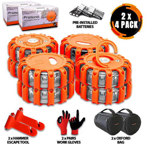 LED Road Flares Emergency Lights - Roadside Warning Car Safety Flare Kit for Vehicles & Marine Boat | Rescue Beacon Disc Pack with Discs & Window Hammer Seatbelt Cutter & Gloves & Bag by Promondi (8)