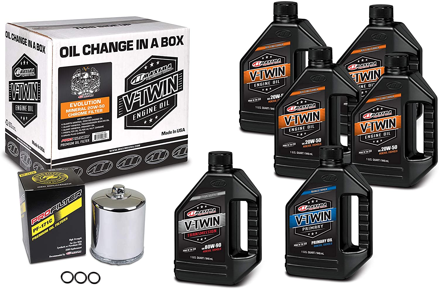 Maxima Racing USA 90-069016PC Chrome Evolution Mineral 20W-50 Filter Complete Oil Change Kit