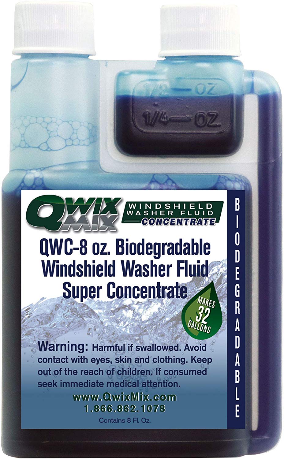 Qwix Mix Biodegradable Windshield Washer Fluid Concentrate, 1 Bottle Makes 32 Gallons, 1/4 oz. Makes 1 Gallon - Bug & Grime Remover, Superior Commercial Grade Glass Cleaner, Single