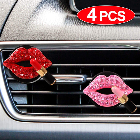 Mudder 4 Pieces Car Air Vent Decoration Bling Car Interior Decoration Rhinestone Lipstick Car Air Freshener Clip with Fragrance Cotton Pads