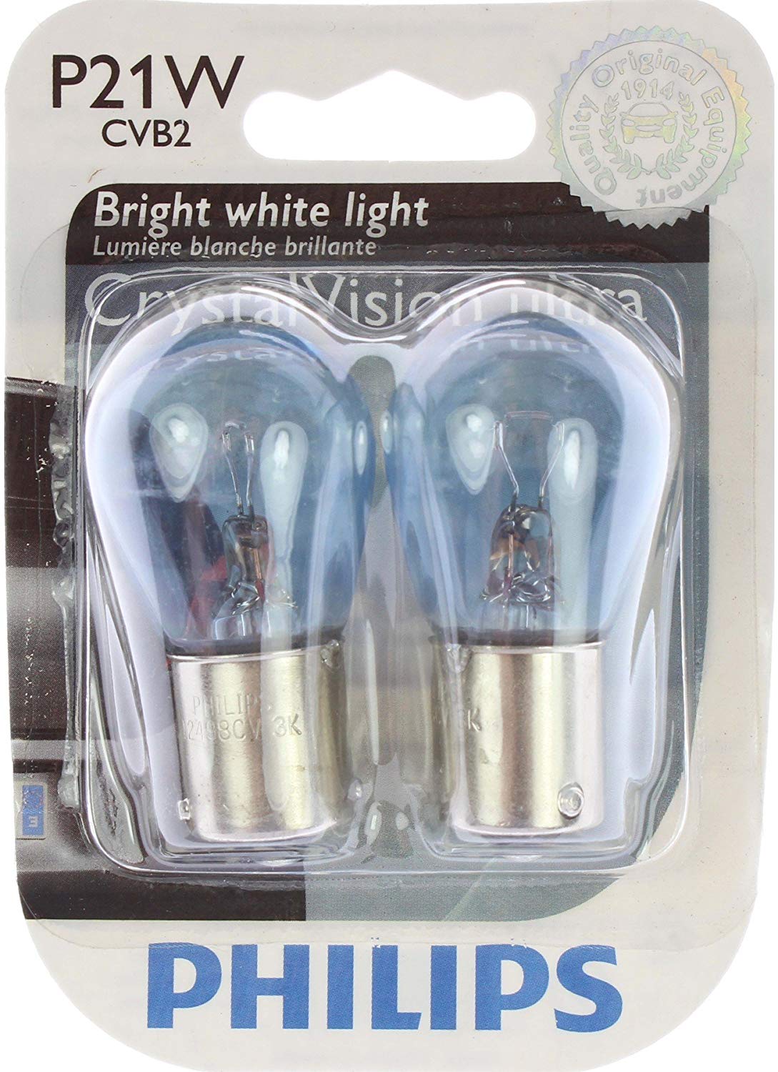 PHILIPS 12498CVB2 P21W CrystalVision Ultra Miniature Bulb, 2 Pack