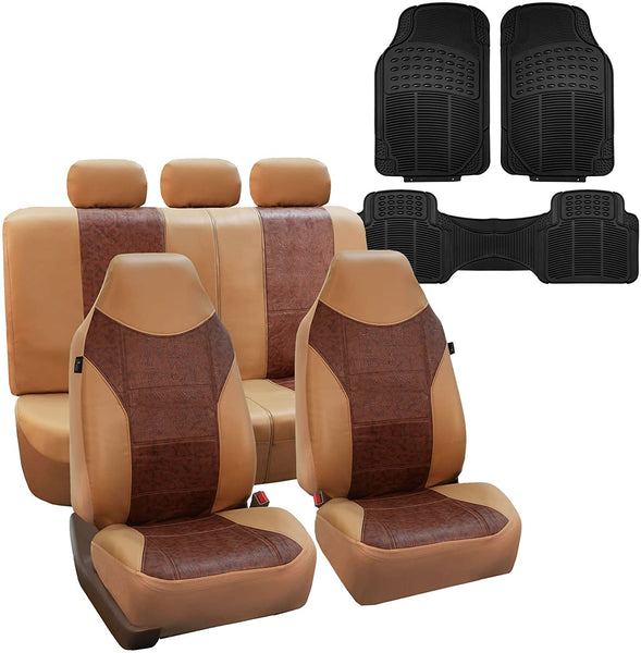 FH Group FH-PU160115 PU Textured High Back Leather Car Seat Covers Solid Gray, Airbag Compatible and Split Bench with F11306 Vinyl Floor Mats- Fit Most Car, Truck, SUV, or Van