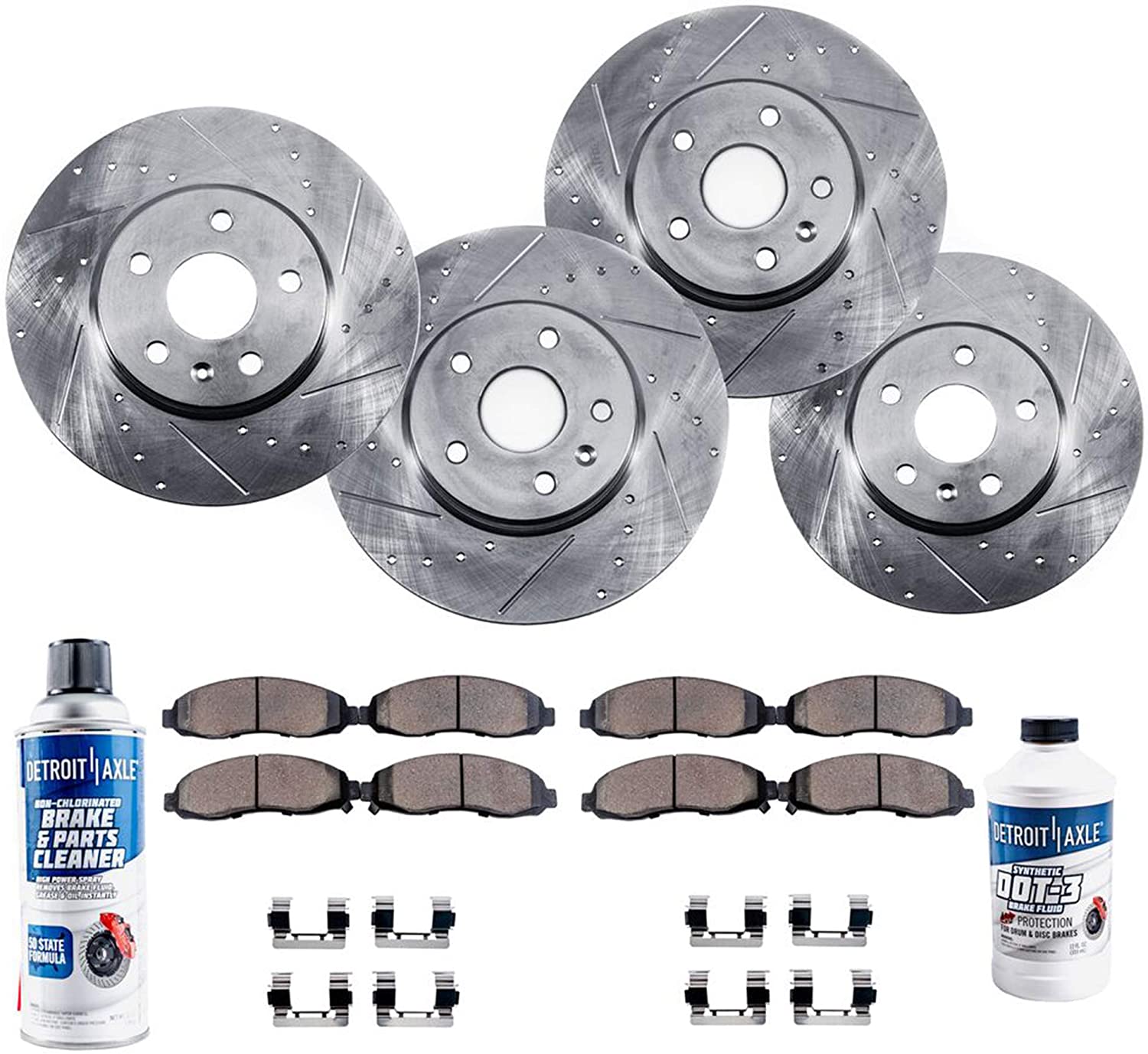 Detroit Axle - All (4) Front and Rear Drilled and Slotted Disc Brake Kit Rotors w/Ceramic Pads & Brake Kit Cleaner & Fluid for 2007-2014 Kia Sedona - [2007-2008 Hyundai Entourage]