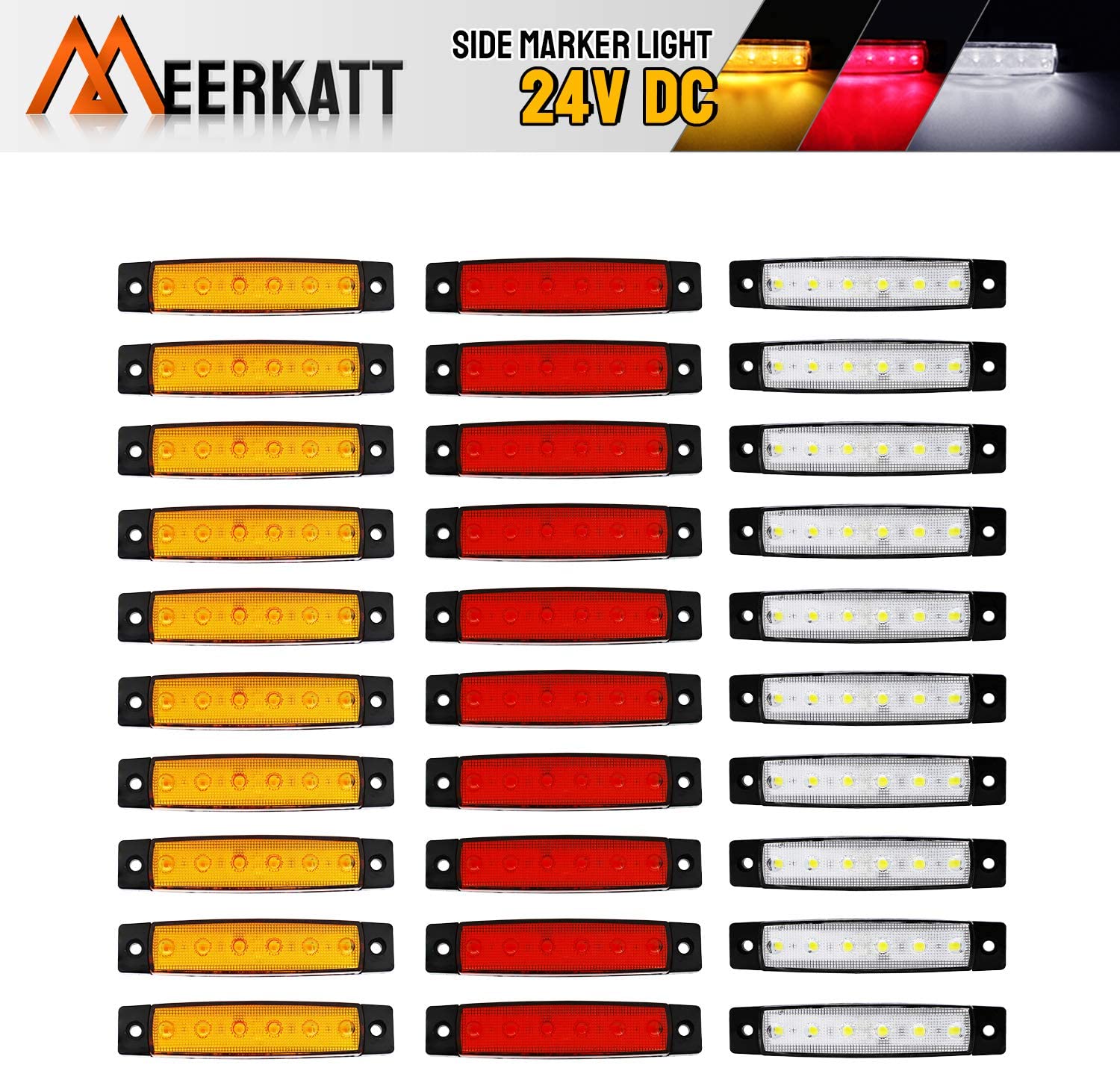 Meerkatt 3.8 Inch 6 LED Thin Line 10 Amber 10 Red 10 White Lamp Front Rear Fender Brake Side Marker License Decoration Light Sealed Indicator Truck Bus Trailer RV Lorry Van UTV SUV HGV Boat Waterproof