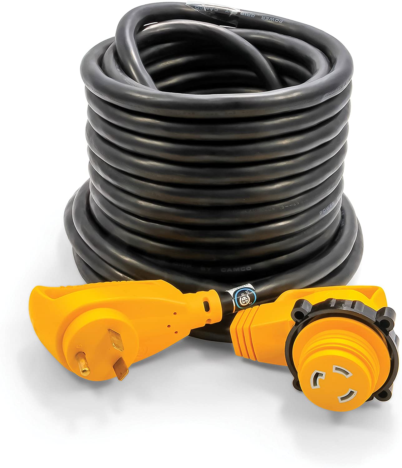 Camco 50’ PowerGrip Extension Cord with 30M/30F- 90 Degree Locking Adapters | Allows for Easy RV Connection to Distant Power Outlets | Built to Last (55525)