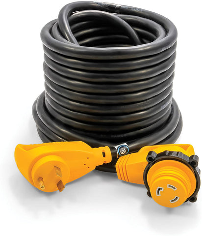 Camco 50’ PowerGrip Extension Cord with 30M/30F- 90 Degree Locking Adapters | Allows for Easy RV Connection to Distant Power Outlets | Built to Last (55525)