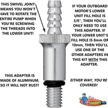 Slippery Pete - Lower Unit Gear Oil Pump for Standard Quart Bottles, Includes 3/8" Metal Swivel, 8mm and 10mm Adapters to Fit Most Major Marine Boat Outboard Motors