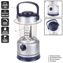 LED Lantern, Outdoor Camping Lantern Flashlight With Adjustable Brightness, Dimmer Switch And Built-In Compass By Wakeman Outdoors (Silver)