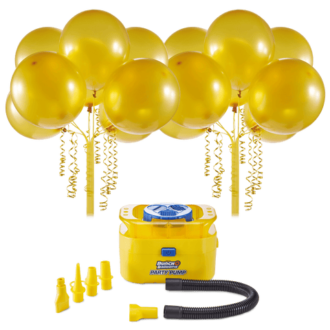 Bunch O Balloons Portable Party Balloon Electric Air Pump Starter Pack, Includes 16ct 11in Self-Sealing Gold Latex Balloons