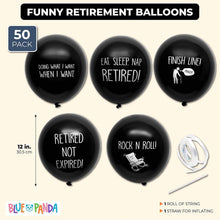 50-Pack Latex Balloons in Funny Retirement Sayings for Retirement Party Supplies and Decorations, 12” Black, Ribbon Included