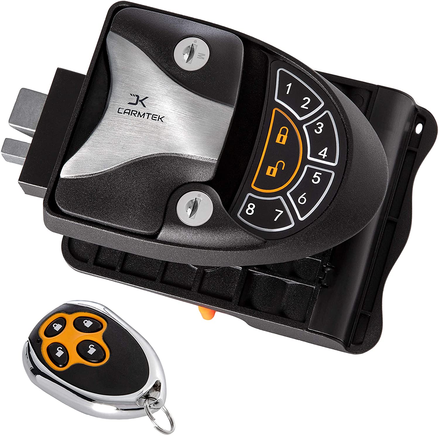 Carmtek - RV Keyless Entry Door Lock Latch Handle | RV Door Lock with Deadbolt, Keypad and Fob | Keyless RV Door Handle for Travel Trailer Camper, Made of Zinc Alloy (Back/Front)