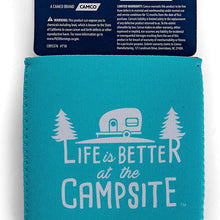 Camco 53309 Life is Better at the Campsite Skinny Can Sleeve, 4 Pack - Keep Your Drinks Cold While Keeping Your Hands Warm - Includes (4) Unique RV-Themed Designs