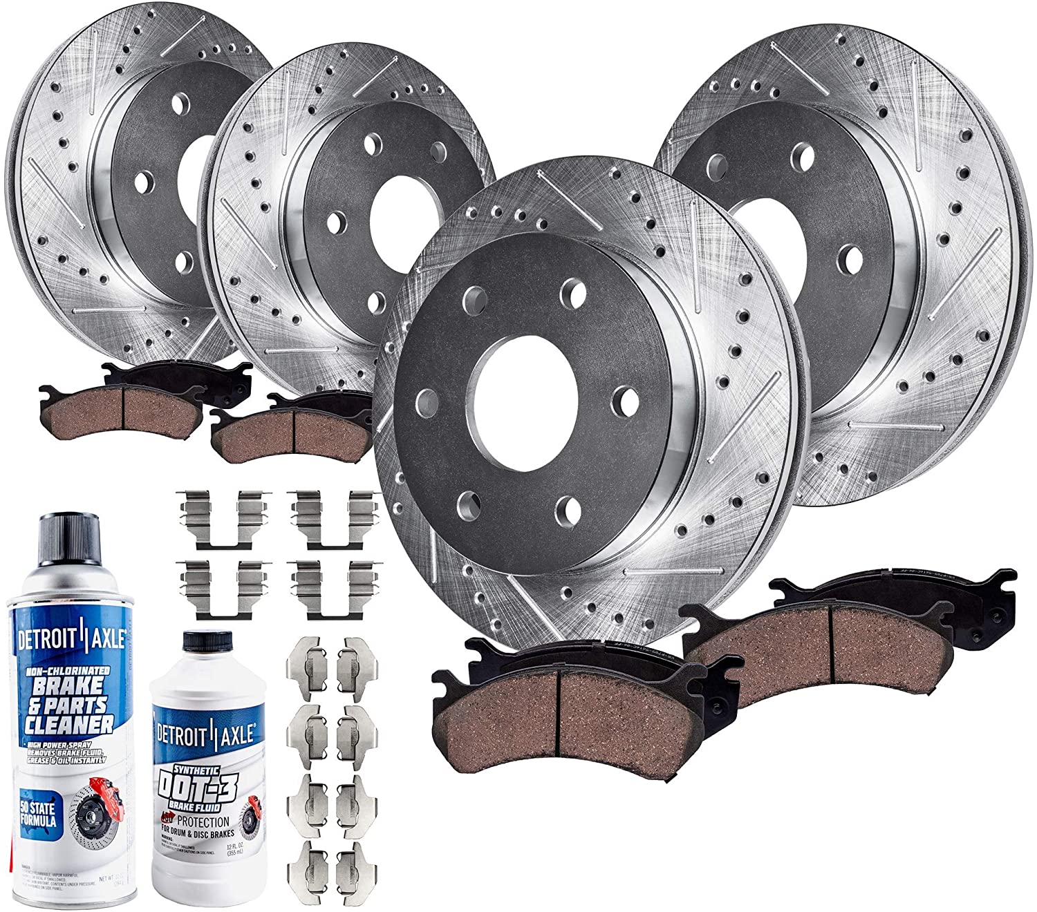 Detroit Axle - 296mm Front and 308mm Rear Drilled and Slotted Disc Brake Kit Rotors w/Ceramic Pads w/Hardware & Brake Kit Cleaner & Fluid for 2005-2007 Nissan Pathfinder - [2008-2012 Pathfinder V6]