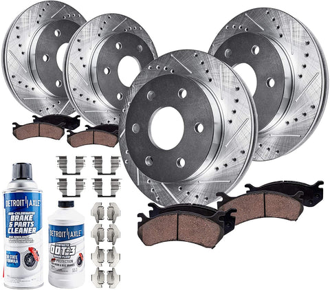 Detroit Axle - All (4) Front and Rear Drilled and Slotted Disc Brake Kit Rotors w/Ceramic Pads w/Hardware & Brake Kit Cleaner & Fluid for 2012 2013 2014 2015 2016 2017 Ford F-150 6Lug