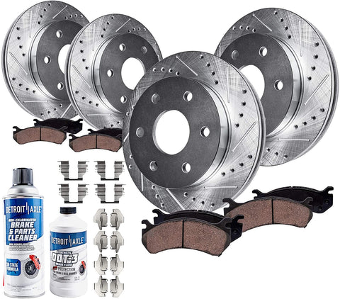 Detroit Axle - Front and Rear Drilled and Slotted Disc Brake Kit Rotors with Ceramic Pads Hardware Brake Kit Cleaner Fluid for 2010 2011 Ford F-150 6Lug