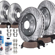 Detroit Axle 10PR1500177 Front and Rear Drilled and Slotted Rotors, Ceramic Pads, Brake Hardware Clips, Brake Cleaner & Fluid for 2004-2010 Toyota Sienna - (Set of 10)