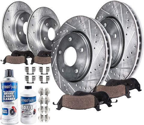Detroit Axle - 302mm Front and 278mm Rear Drilled and Slotted Disc Brake Kit Rotors w/Ceramic Pads & Fluid & Cleaner for 2000 2001 2002 2003 2004 2005 Chevy Impala/Monte Carlo - [98-99 Olds Intrigue]