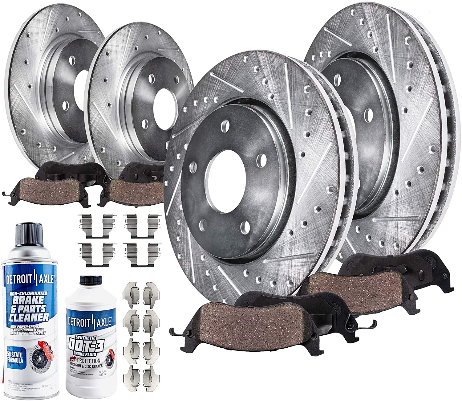 Detroit Axle - Front (296mm) and Rear Drilled and Slotted Disc Brake Kit Rotors w/Ceramic Pads w/Hardware & Brake Kit Cleaner & Fluid for MEASURE YOUR ROTORS TO ENSURE FITMENT
