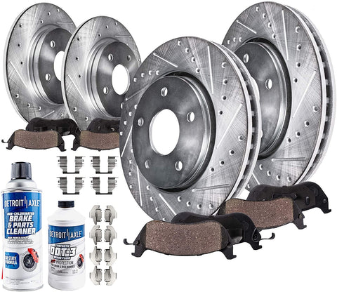 Detroit Axle 10PR1500177 Front and Rear Drilled and Slotted Rotors, Ceramic Pads, Brake Hardware Clips, Brake Cleaner & Fluid for 2004-2010 Toyota Sienna - (Set of 10)
