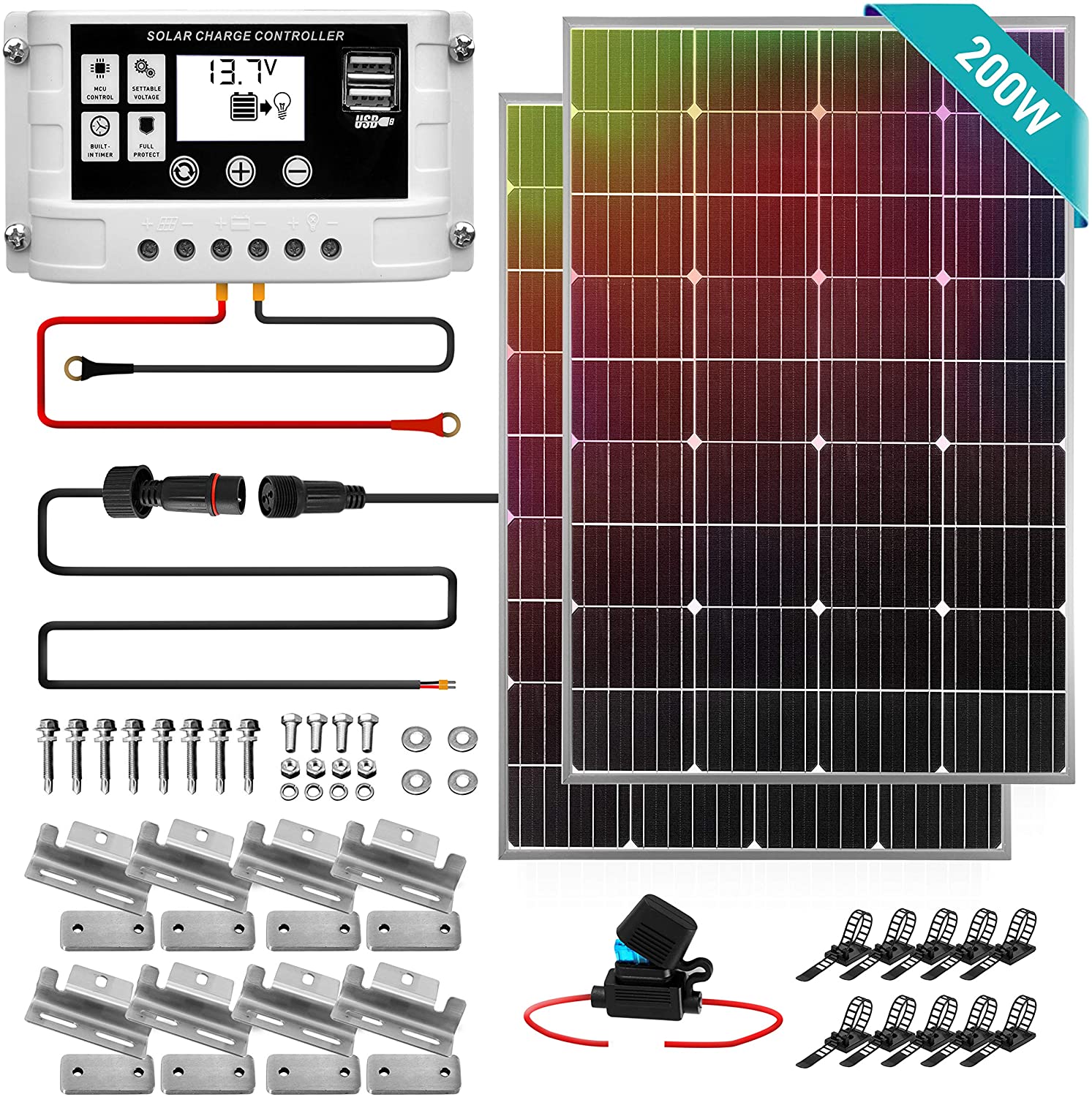 SereneLife 200W Solar Panel Starter Kit - 12v Monocrystalline Portable Mono Solar Panel Starter Kit w/ 3 ft 11AWG Cable Set, 30A PWM Controller w/LCD - Van Campers, Car Roof, Boat SLSPSKT200 (2 Pcs) (200w)