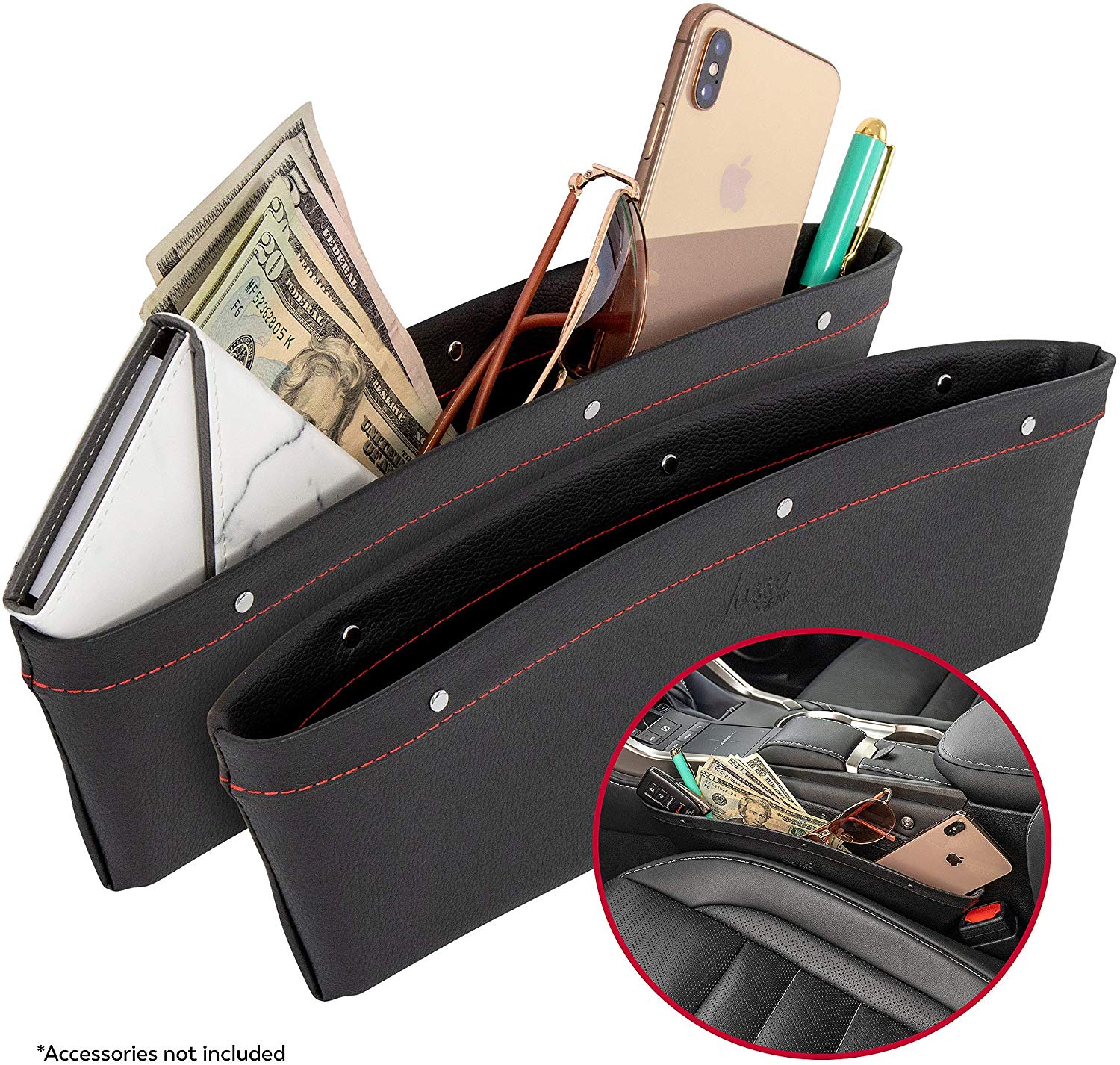 2 in 1 Car Seat Gap Organizer | Universal Fit | Storage Pockets Adjust | 2 Set Car Seat Crevice Storage Box | Helps Reduce Distracted Driving & Holds Phone Money Cards Keys Remote | Red Stitching