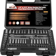 69 Pieces - EPAuto 1/4” & 3/8” Drive Socket Set with Pear Head Ratchet, Chrome (92-824)