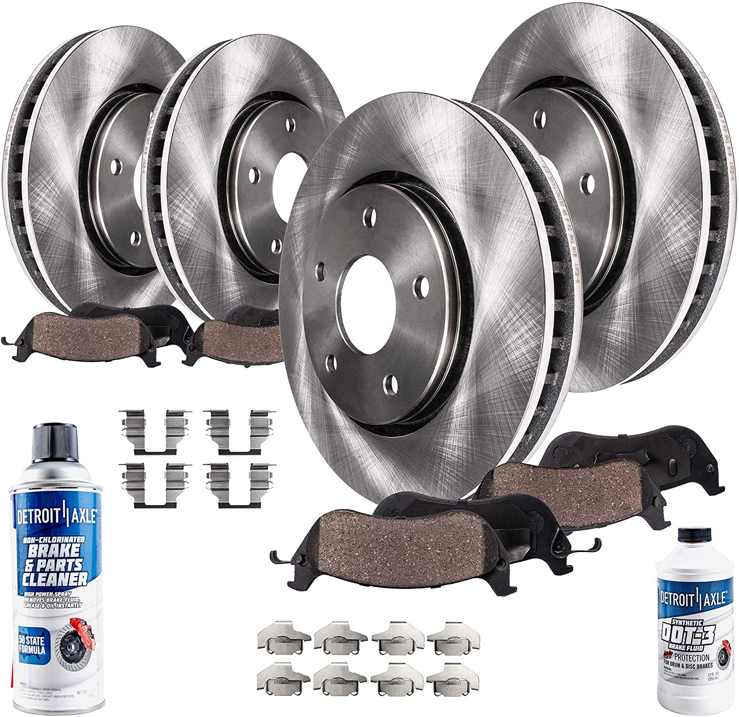 Detroit Axle - READ FITMENT 320mm Front and 280mm Rear Disc Brake Rotors Ceramic Pads w/Hardware + Brake Cleaner Fluid for 2013-2016 Ford Escape 1.6L AWD & 2.0L - [2014-2015 Transit]